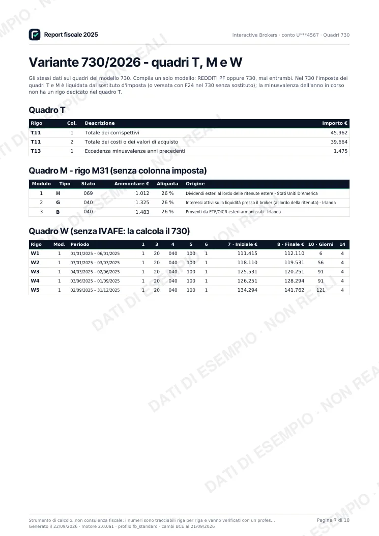Variante 730: pagina del report fiscale di esempio con dati inventati
